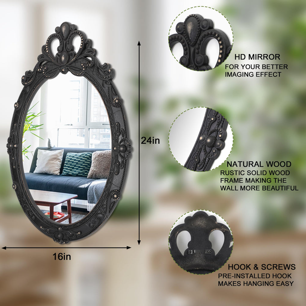 Vintage Black Hanging Mirror, Oval Carved Wood Frame Wall Mounted Mirrors