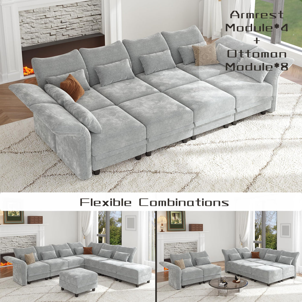 8 Seater Modular Sectional Sofa Sleeper 114 Inch Large Chenille Sectional Couches with Storage Ottoman, Adjustable