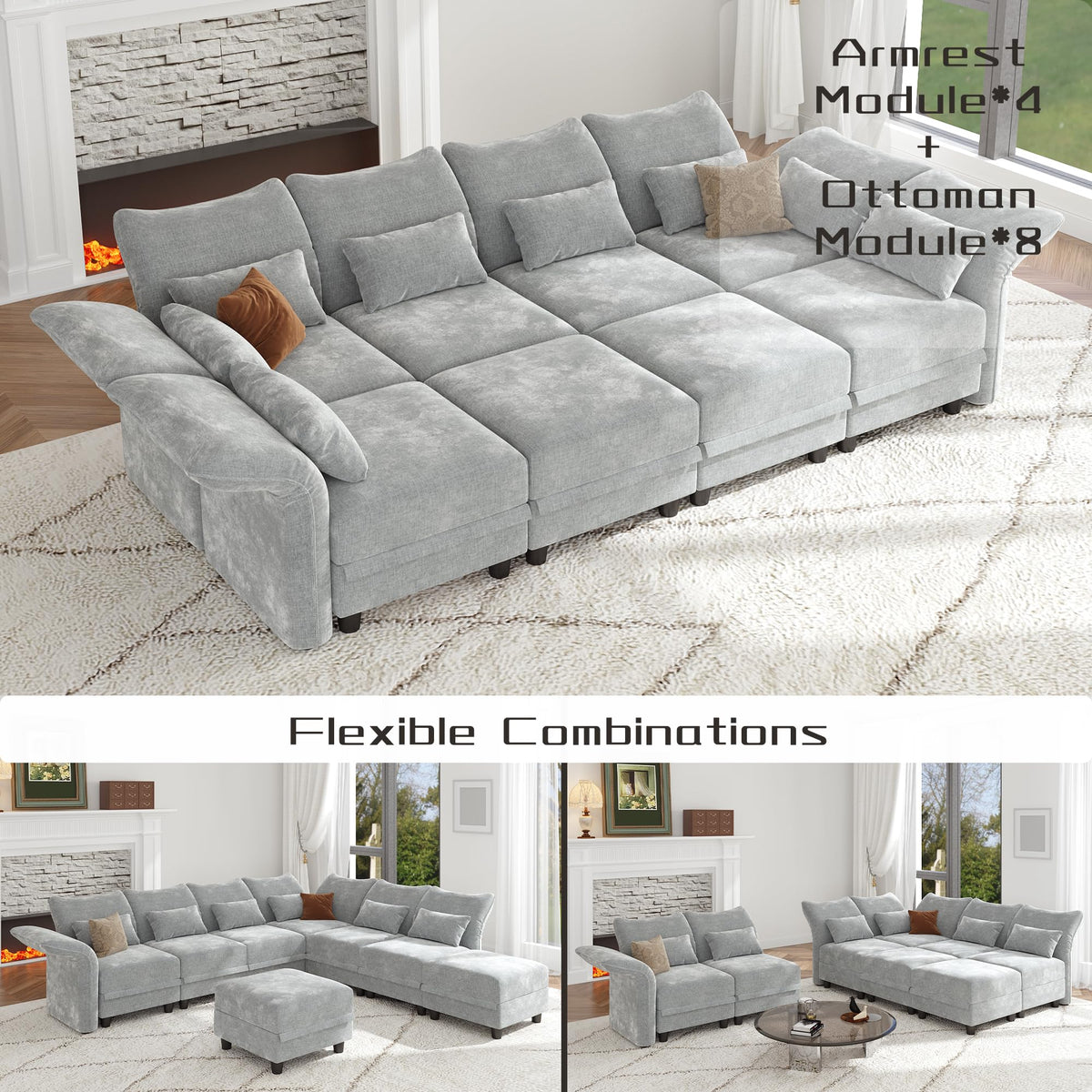 8 Seater Modular Sectional Sofa Sleeper 114 Inch Large Chenille Sectional Couches with Storage Ottoman, Adjustable