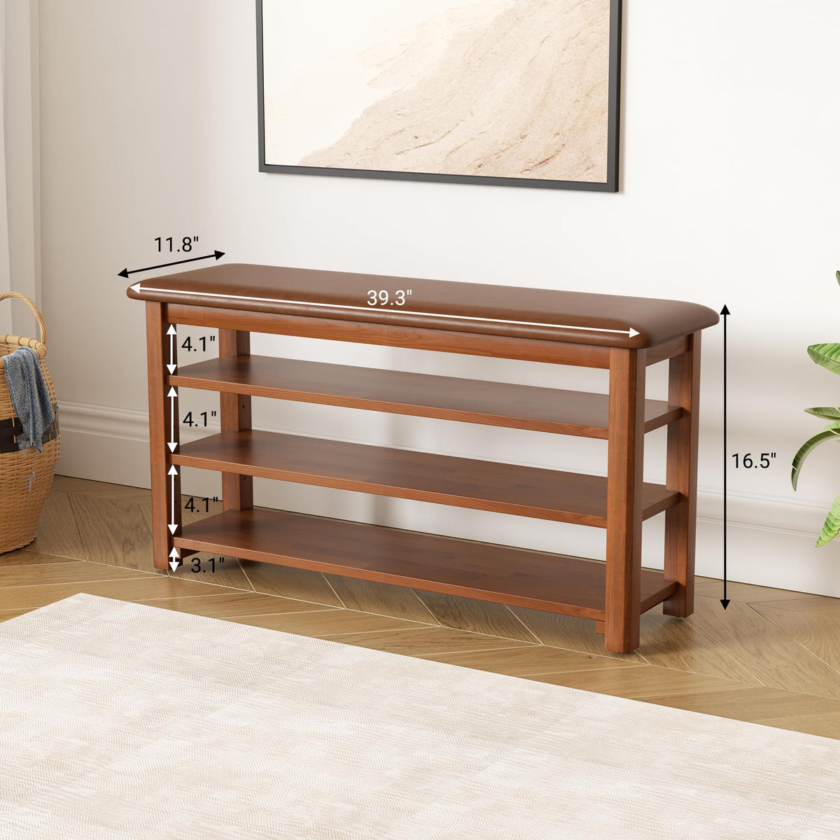 Shoe Rack Bench with Leather Cushion 3-Tier Shoe Rack Organizer Hallway or Living Room Farmhouse Rustic Wooden Seat