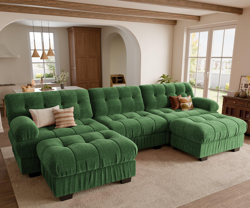 126" Extra Wide Modular Sectional Sofa, Comfy U-Shaped Cloud Couch w/ 2 Movable Ottoman, 5-Seater Chenille Deep Seat