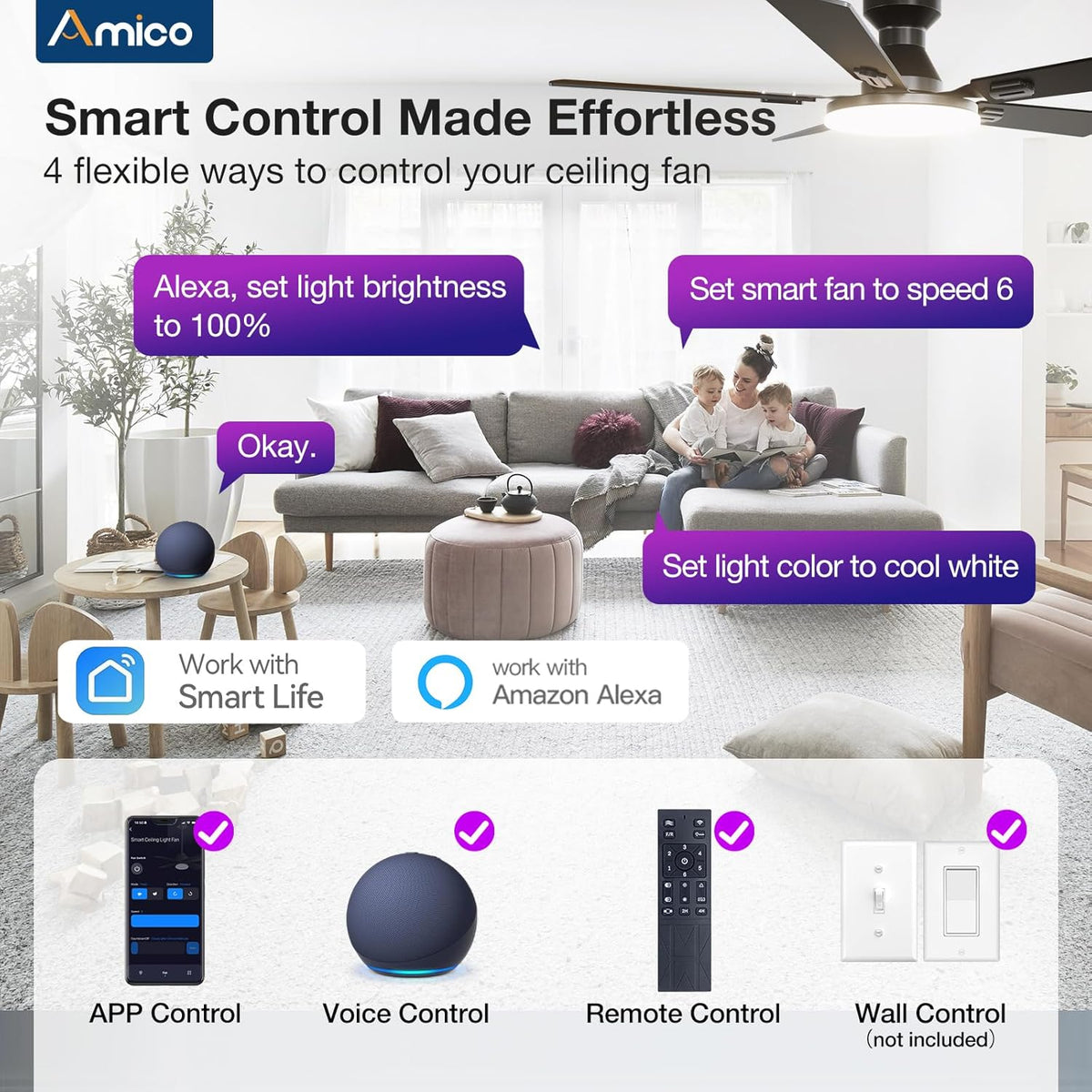52" Smart Flush Mount Ceiling Fan with Light & Remote