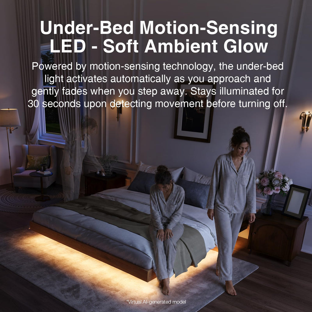 Floating Solid Wood King Size Bed Frame with Motion Sensor LED Light & Charging Station, Heavy Duty Platform Bed