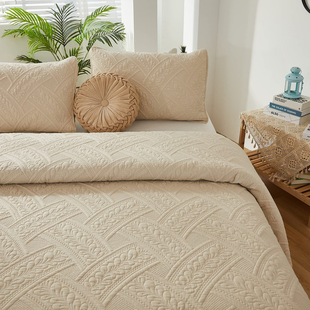 King Size Quilt Set Cotton Beige Quilts Farmhouse Matelasse Bedding Covetlet Set 3-Piece