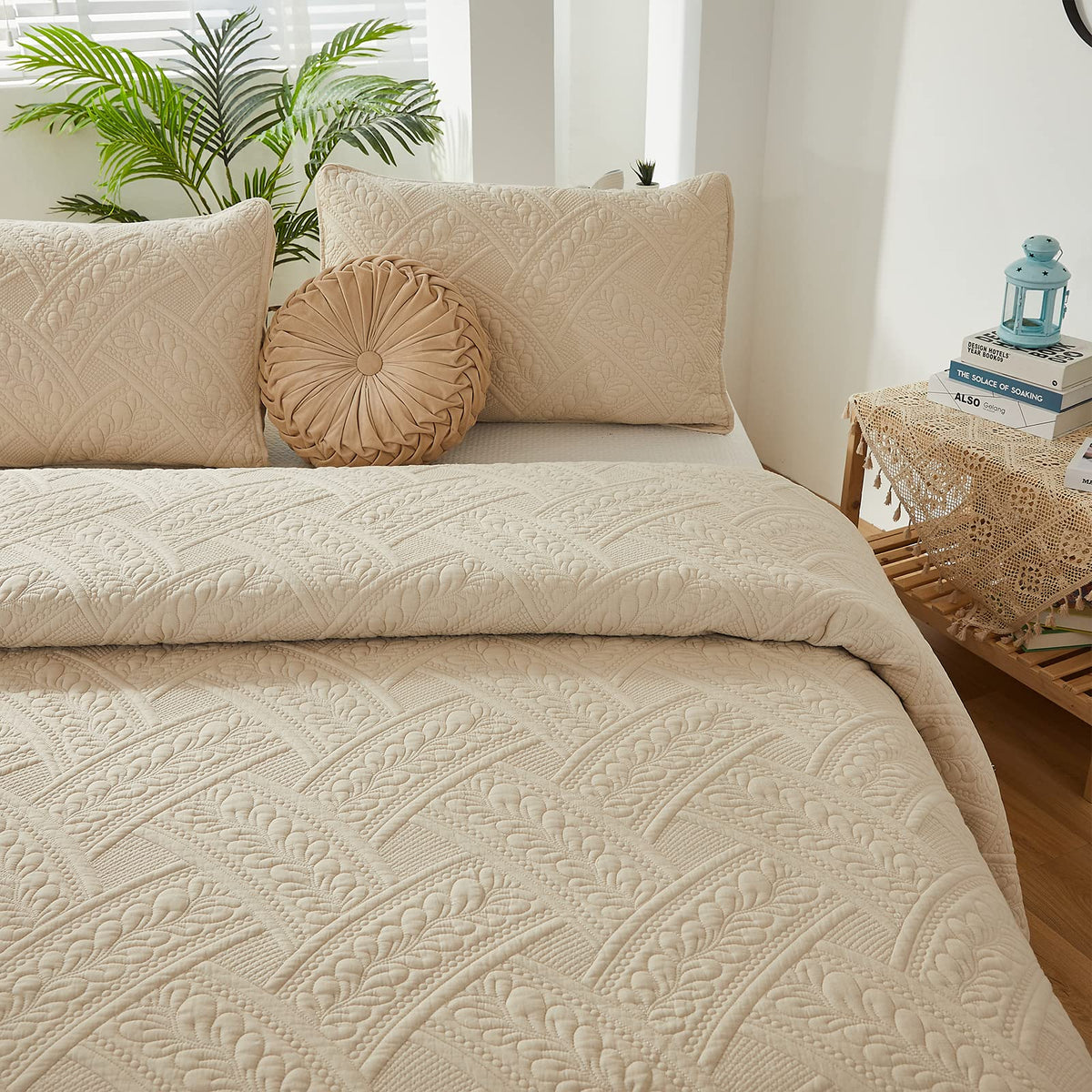 King Size Quilt Set Cotton Beige Quilts Farmhouse Matelasse Bedding Covetlet Set 3-Piece