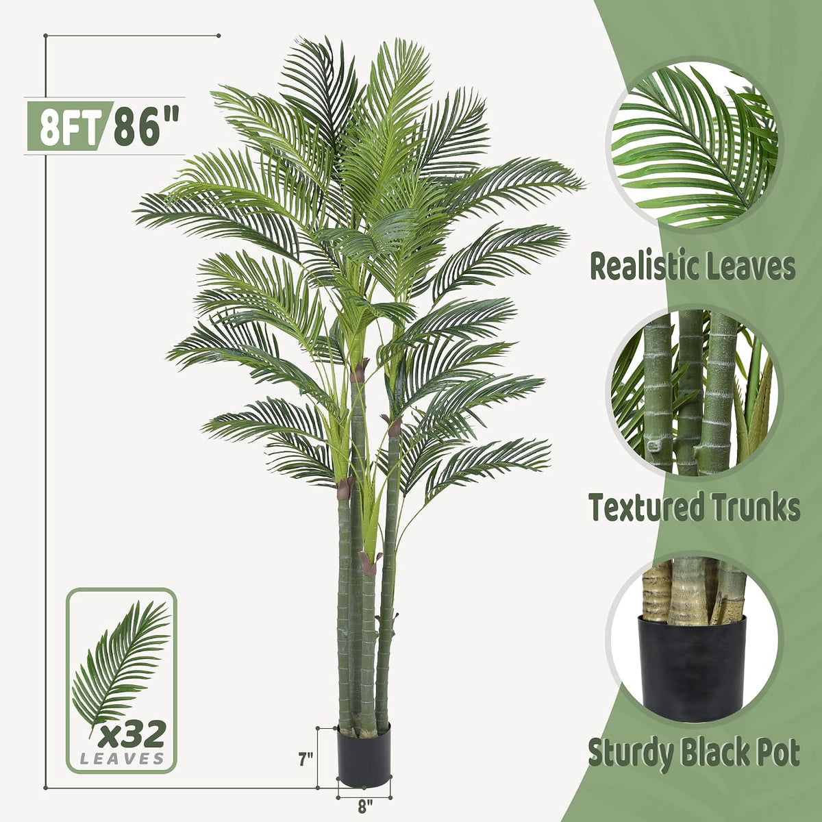Artificial Areca Palm Tree 8FT with 32 Leaves Realistic Tall Large Fake Faux Tropical Silk Plant 96 Inch Black Pot