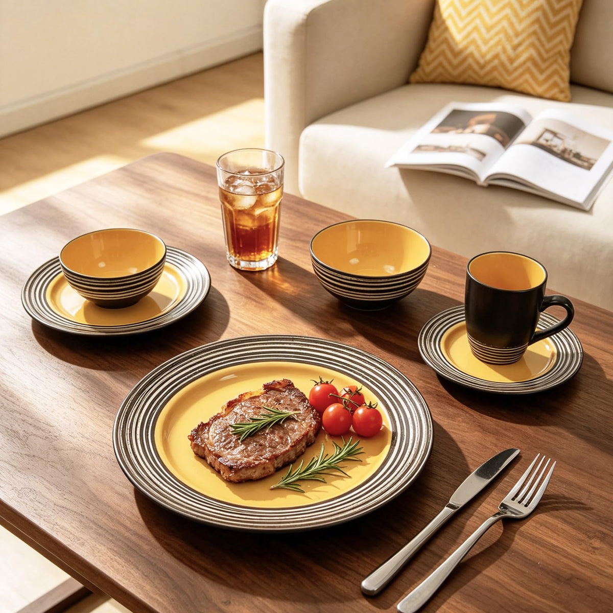16 Piece Dinnerware Set, Ceramic Plates and Bowls Sets for 4, Microwave and Dishwasher Safe, Handcrafted Tree Bark