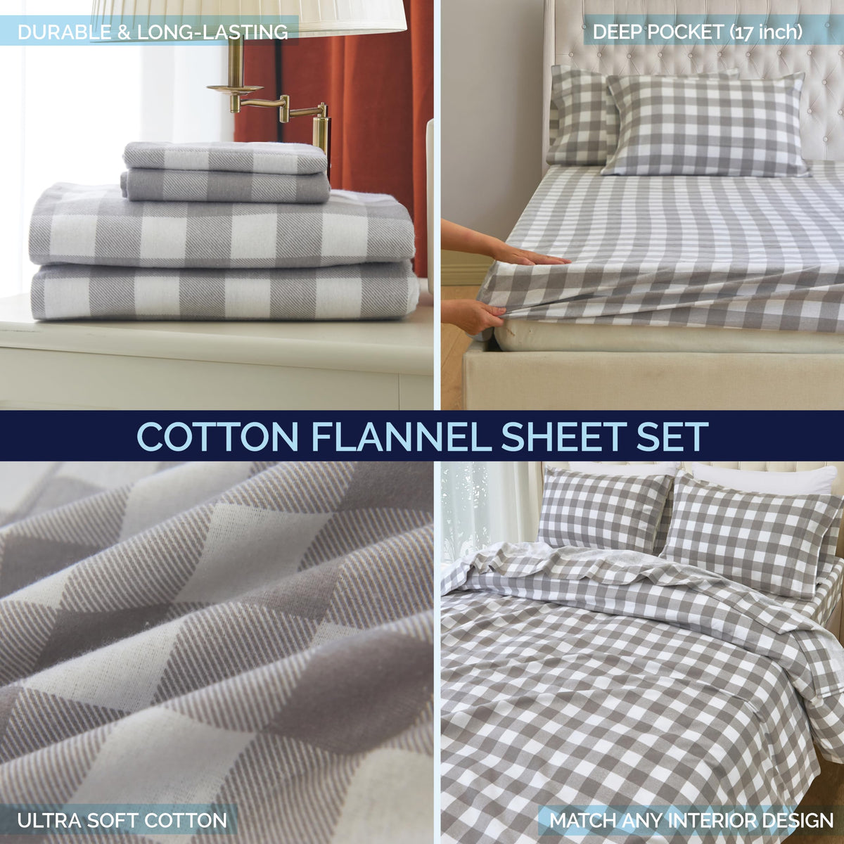 Buffalo Check Plaid Flannel Sheet Set, Gray