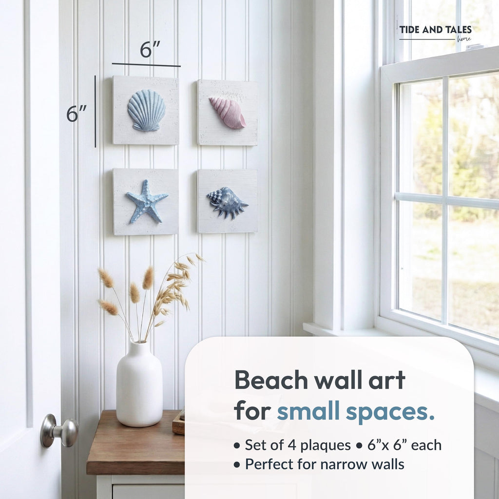 3D Seashell Wall Art, Coastal Bathroom Wall Decor, Set of 4