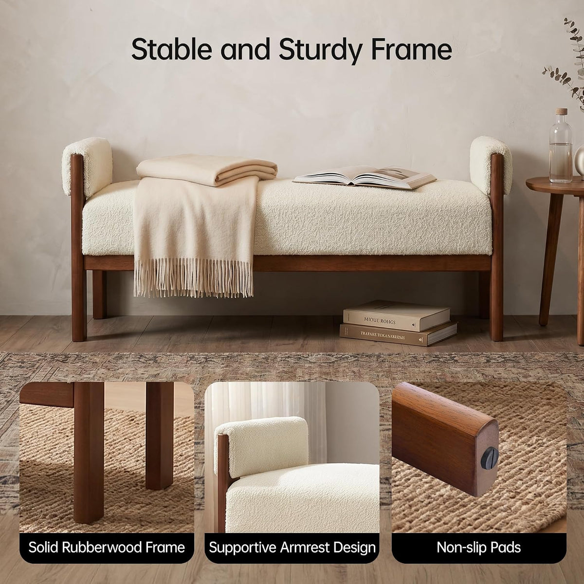 51.8"End of Bed Bench Upholstered Bedroom Bench with Arms, Beige | Solid Rubberwood Legs, Soft Fabric, Thickened seat