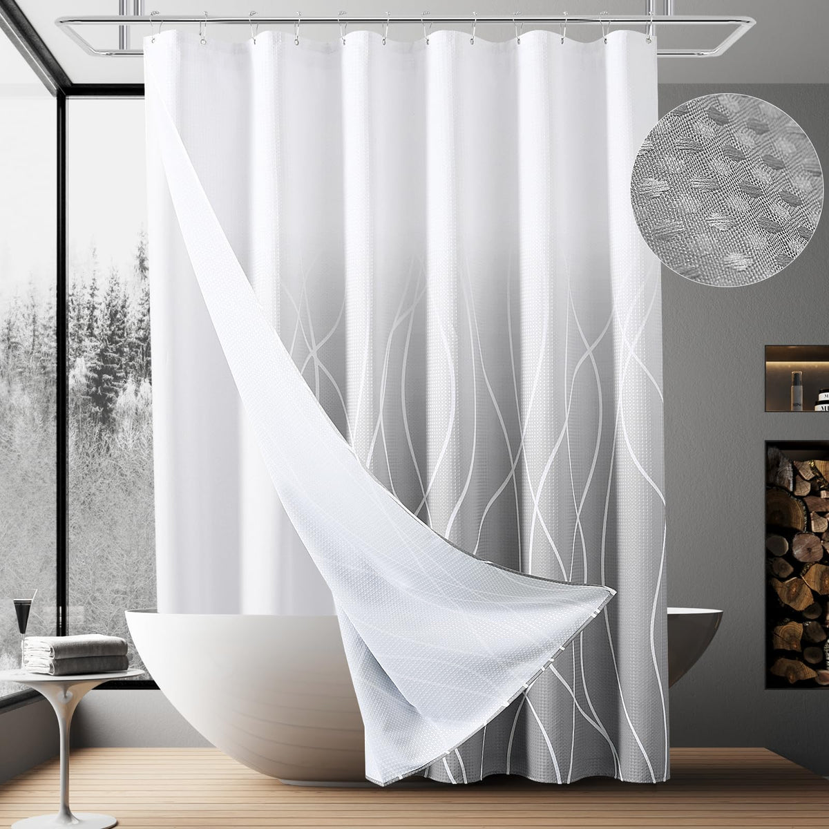 78 inch Long Shower Curtain Grey Shower Curtains with Liner Ombre Curtains Waffle Drape with Snap in Liner White and