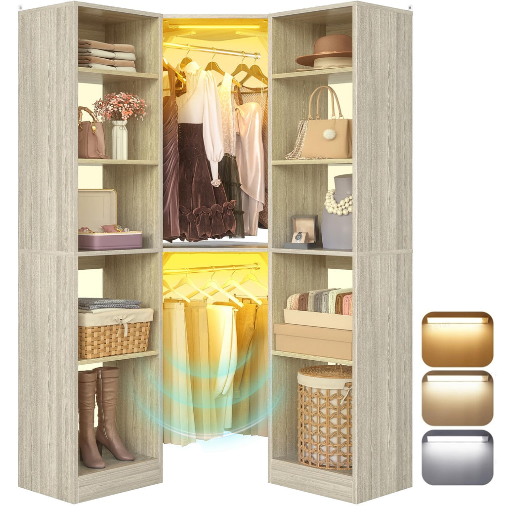 Corner Closet System with 2 Motion Sensor Lights, 39.2" Corner Closet Organizer with 12 Shelves, Closet System with 2