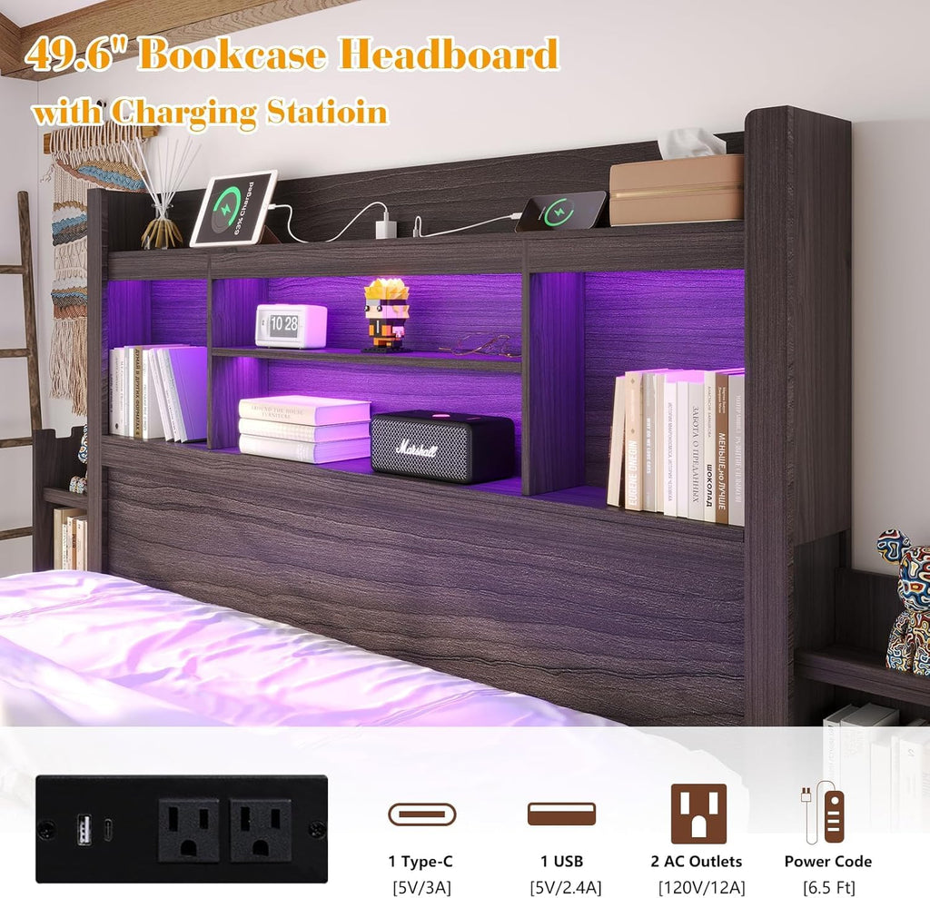Bed Frame with Bookcase Headboard & Storage, Rustic, Black