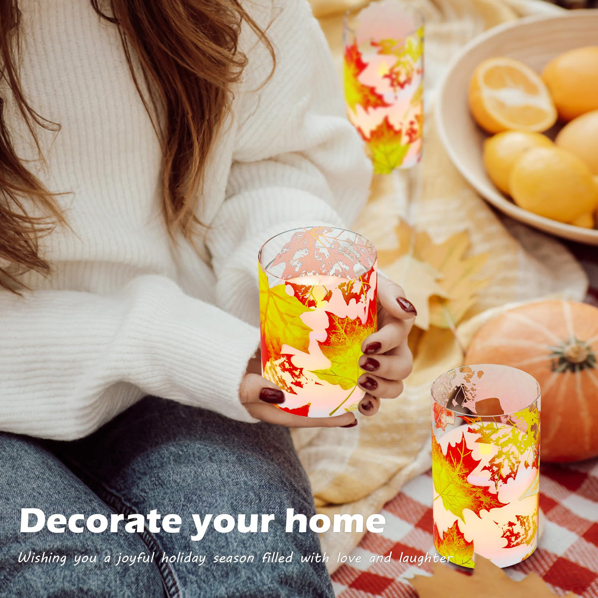 Fall Flameless Candles, Maple Leaf Battery Operated Candles with Remote