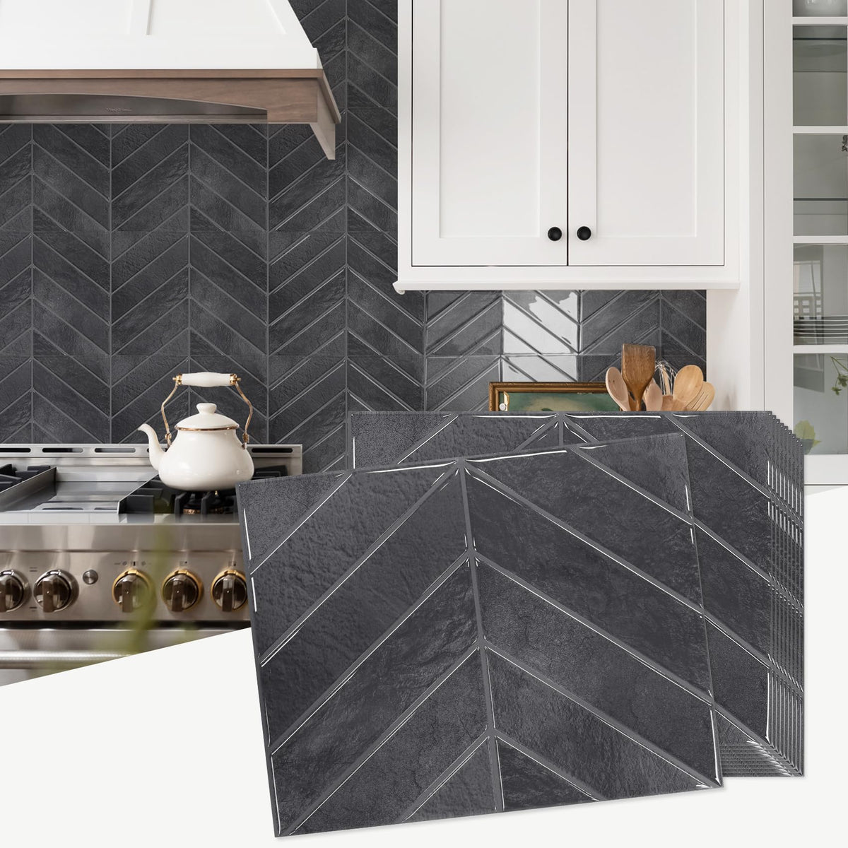 Herringbone Peel and Stick Backsplash, Shiny Black, 10 Sheets