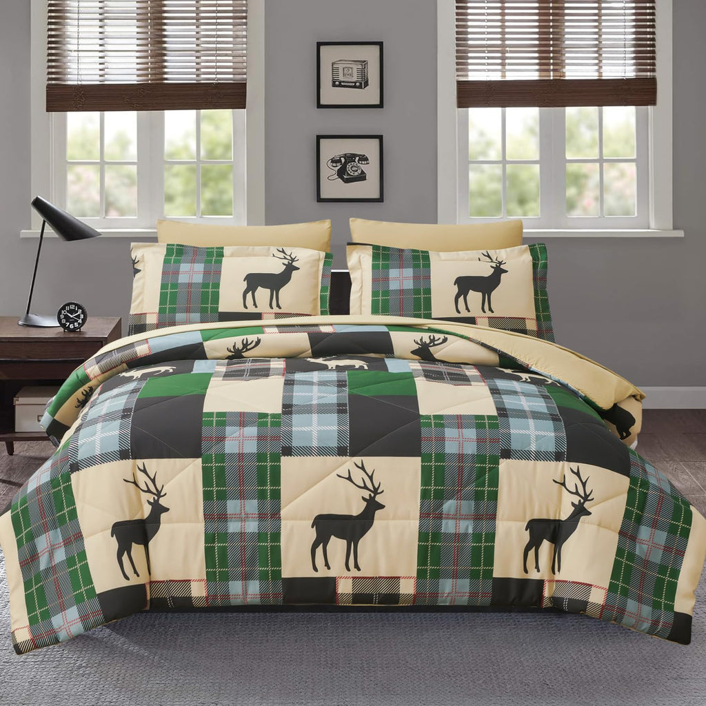 Comforter Set Plaid Patchwork Comforter Bedding-7 Piece Bed in a Bag, Rustic Soft Reversible Microfiber