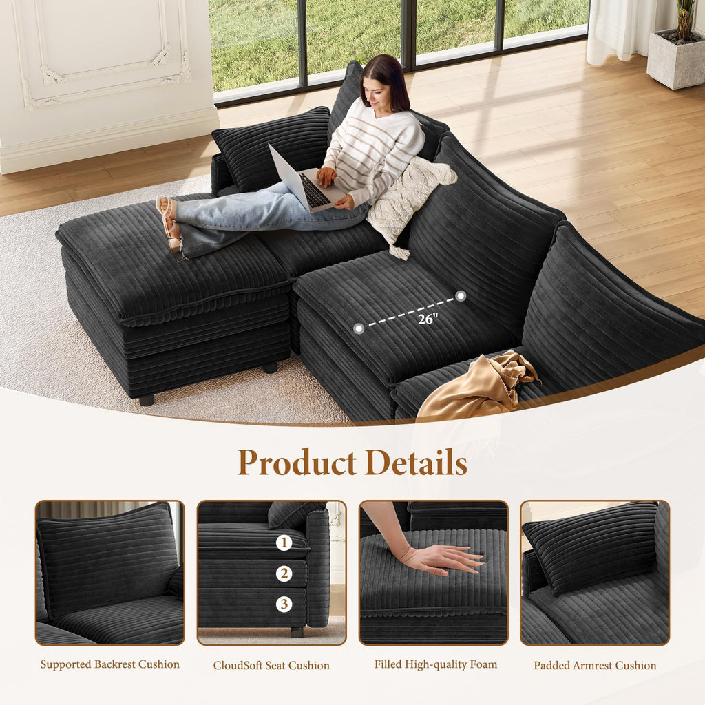 142" Cloud Sleeper Couch Living Room, Sectional Sofabed, Grey