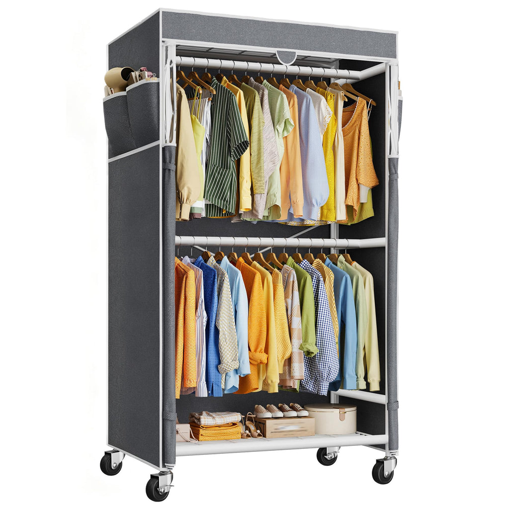 Rolling Clothes Rack with Cover, Heavy Duty Clothing Rack with Wheels, 120+ Garments Storage, Freestanding Portable