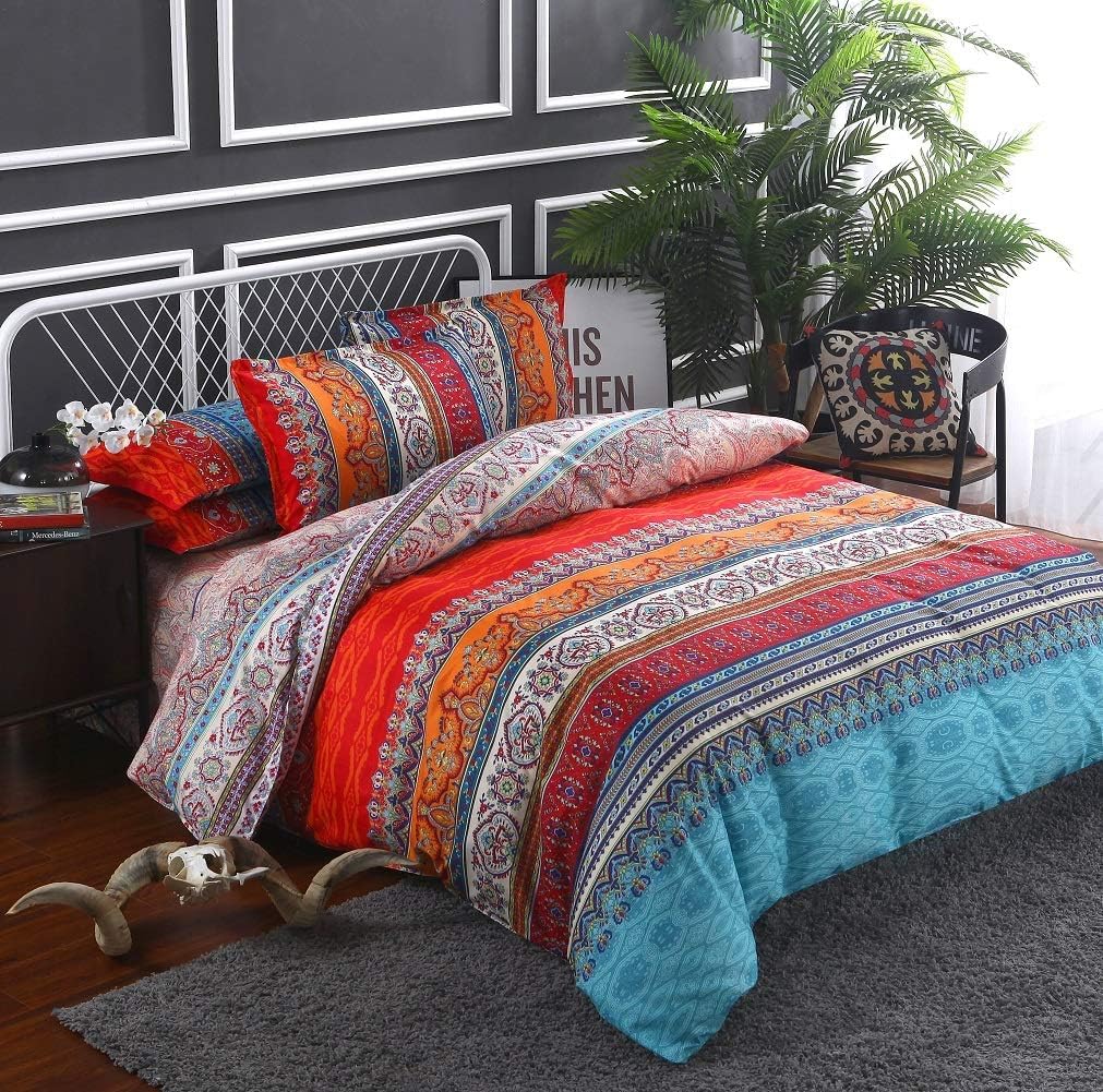 Boho King Duvet Cover, Brushed Microfiber Ethnic Bohemian Colorful Bedding Set Yellow Orange Geo Bohemian Print Duvet