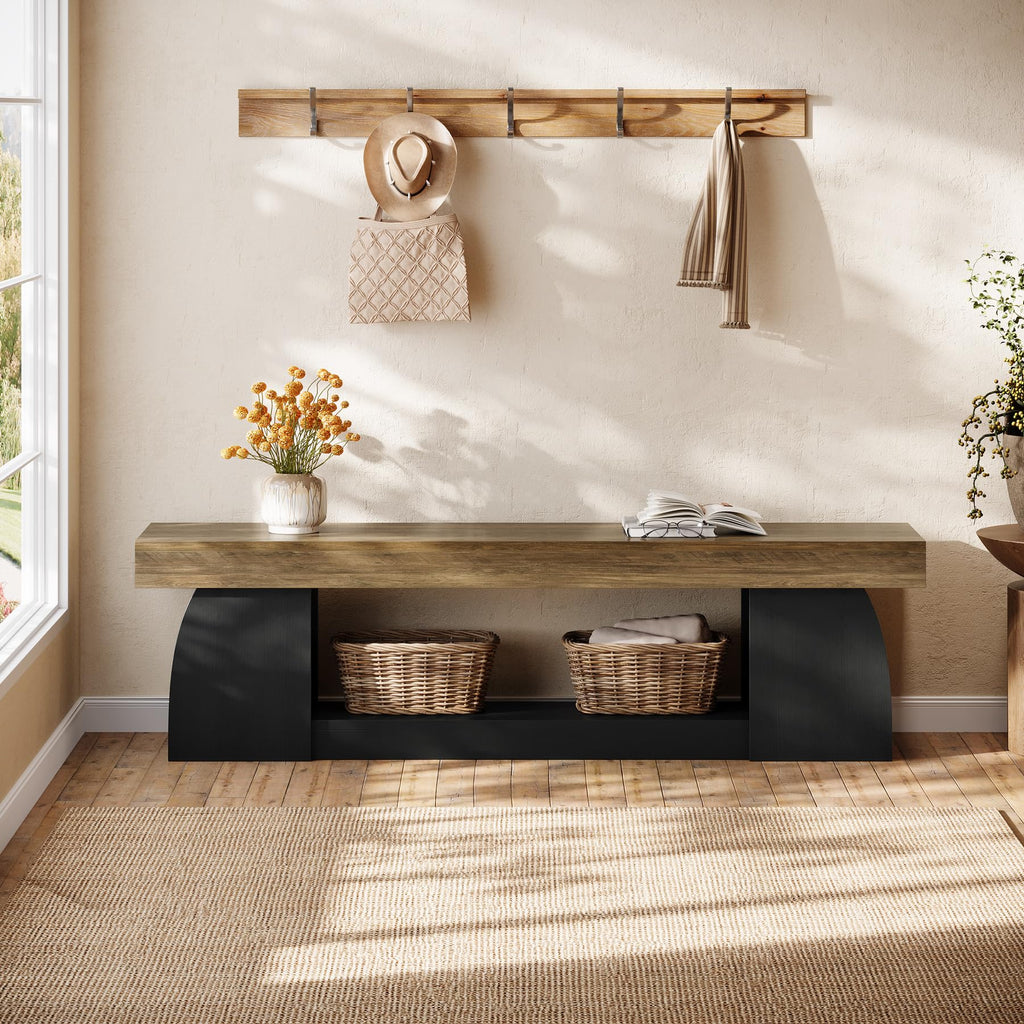 63" Entryway Bench with Storage, 2-Tier Farmhouse Long End of Bed Bench with Studry Frame, Narrow Wooden Indoor Shoe