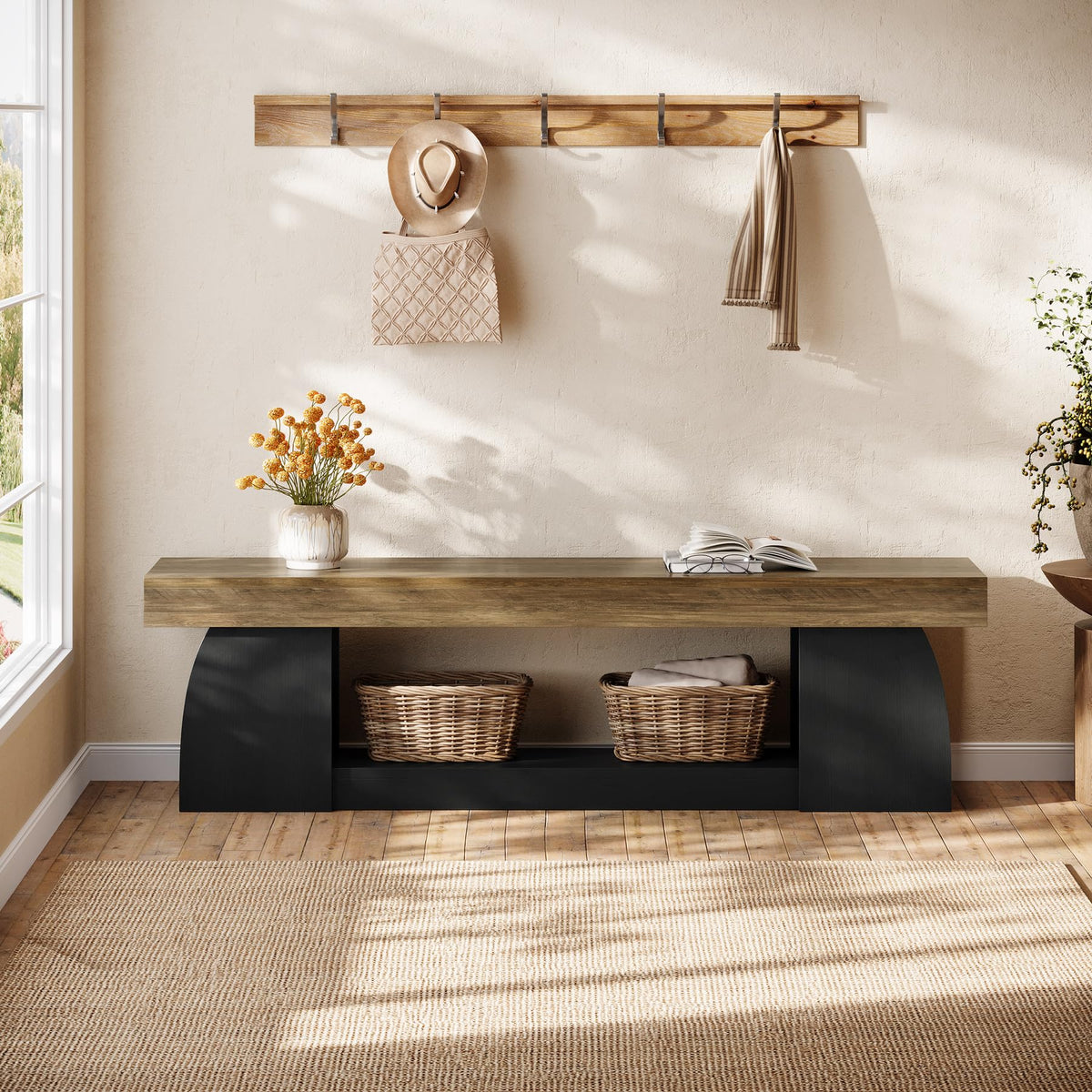 63" Entryway Bench with Storage, 2-Tier Farmhouse Long End of Bed Bench with Studry Frame, Narrow Wooden Indoor Shoe
