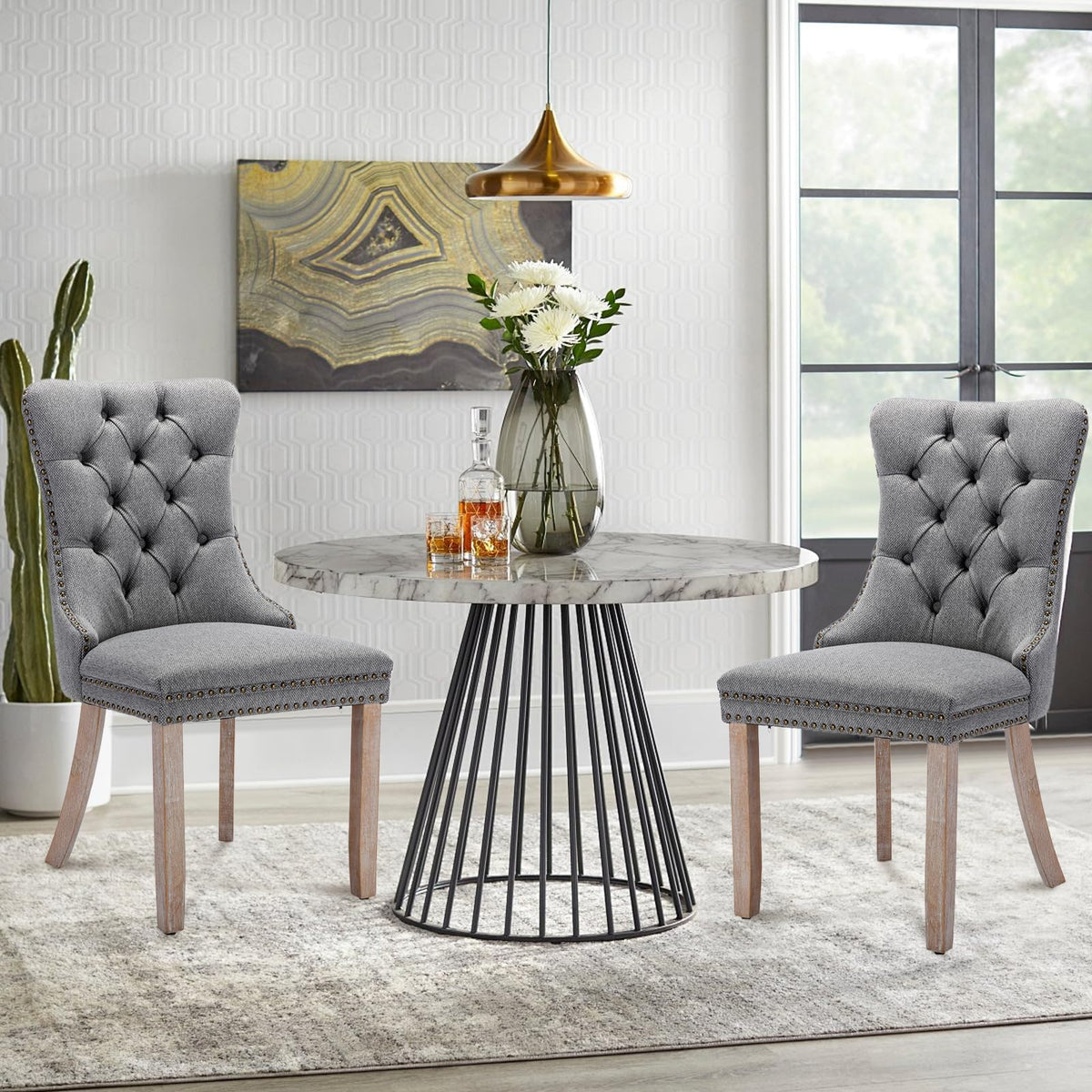 Linen Upholstered Set of 2, Modern Style Kitchen Side Chairs with Nailhead Trim and Wood Leg, Metal Pulling Ring