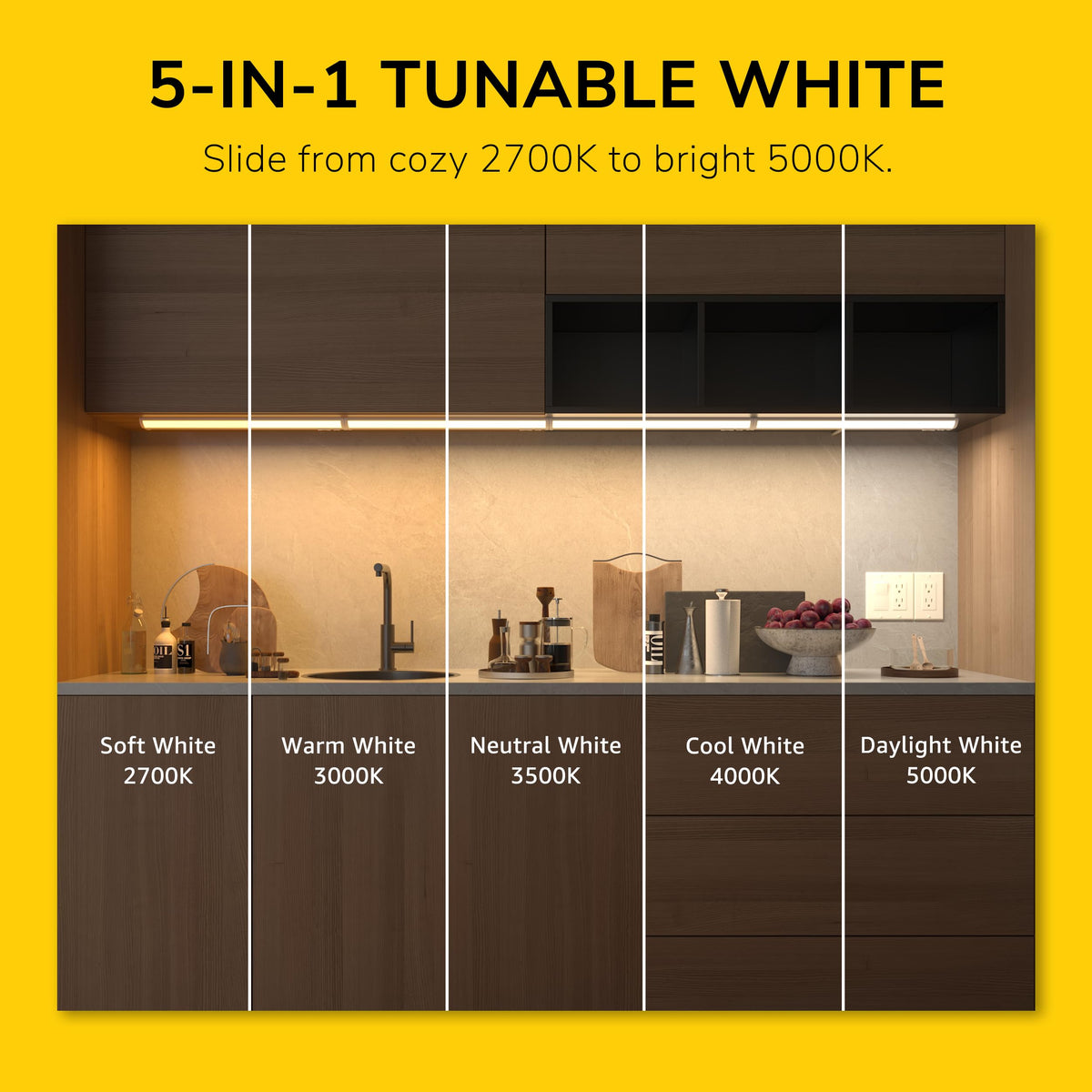 LED Under Cabinet Light, 5-CCT Selectable, Dimmable, White