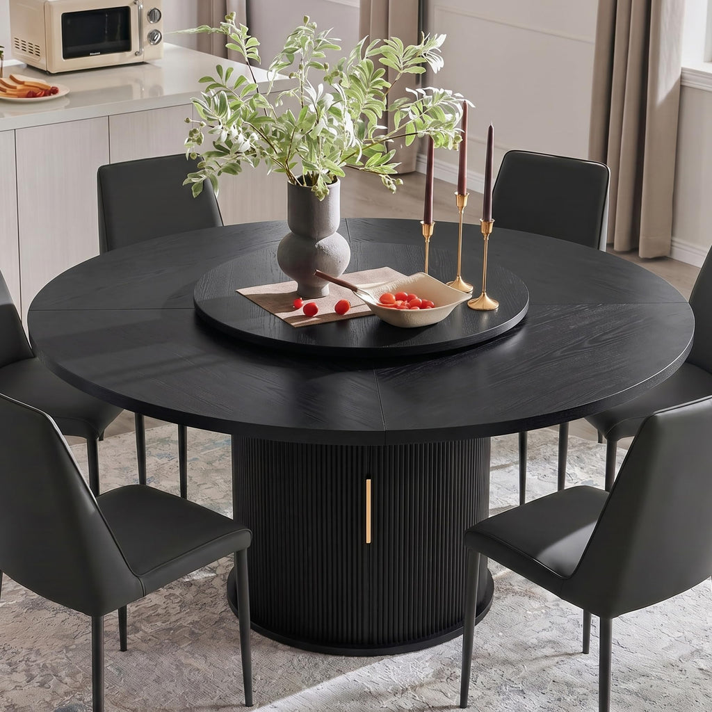 Inspired Saarinen Style 55" Fluted Round Dining Table for 4-6, Mid-Century Modern Kitchen Table with Rotating Tray, 2-Tier Storage Shelf