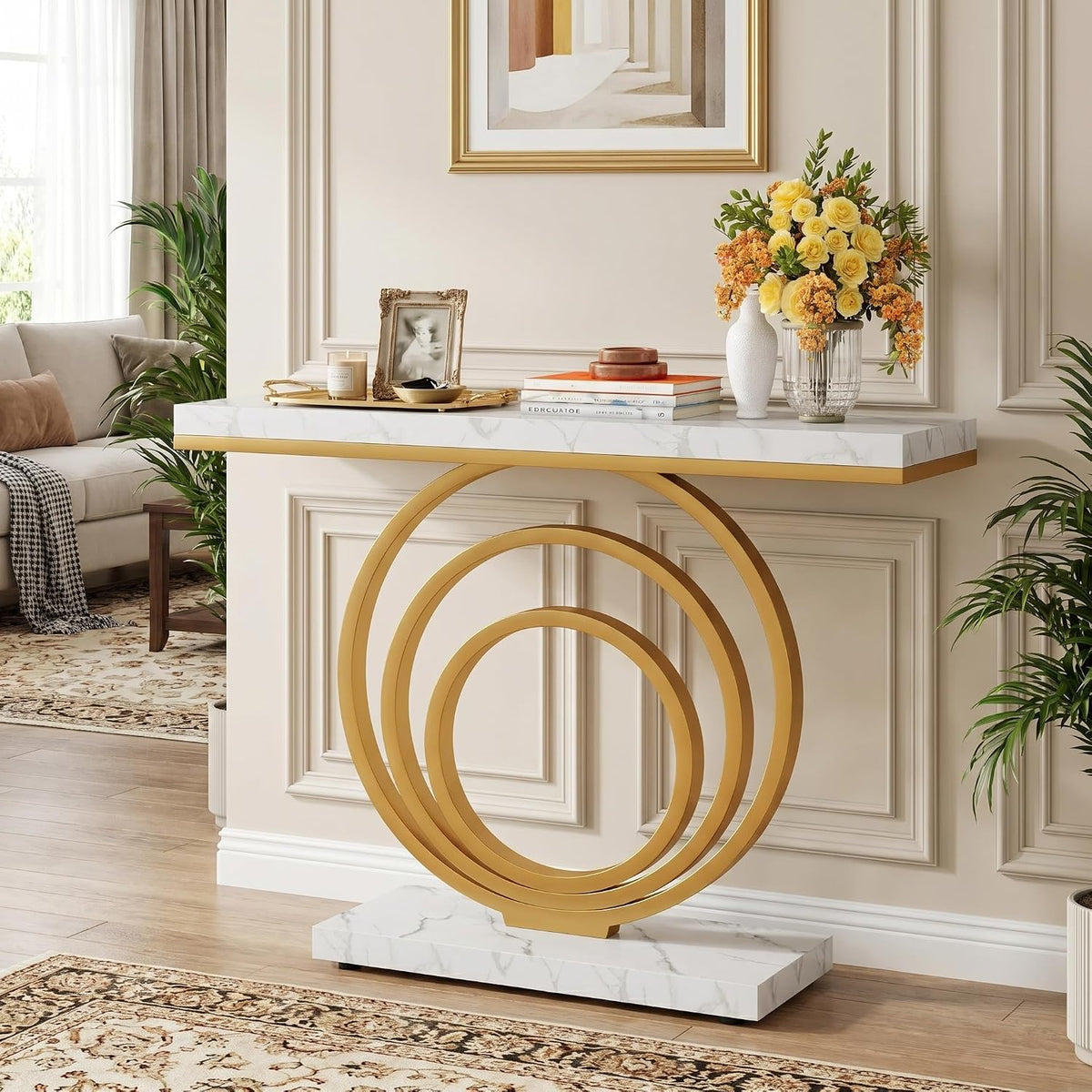 41-Inch Gold Entryway Table, Modern Console Table Narrow Long, Contemporary Accent Table , Entrance, Faux Marble