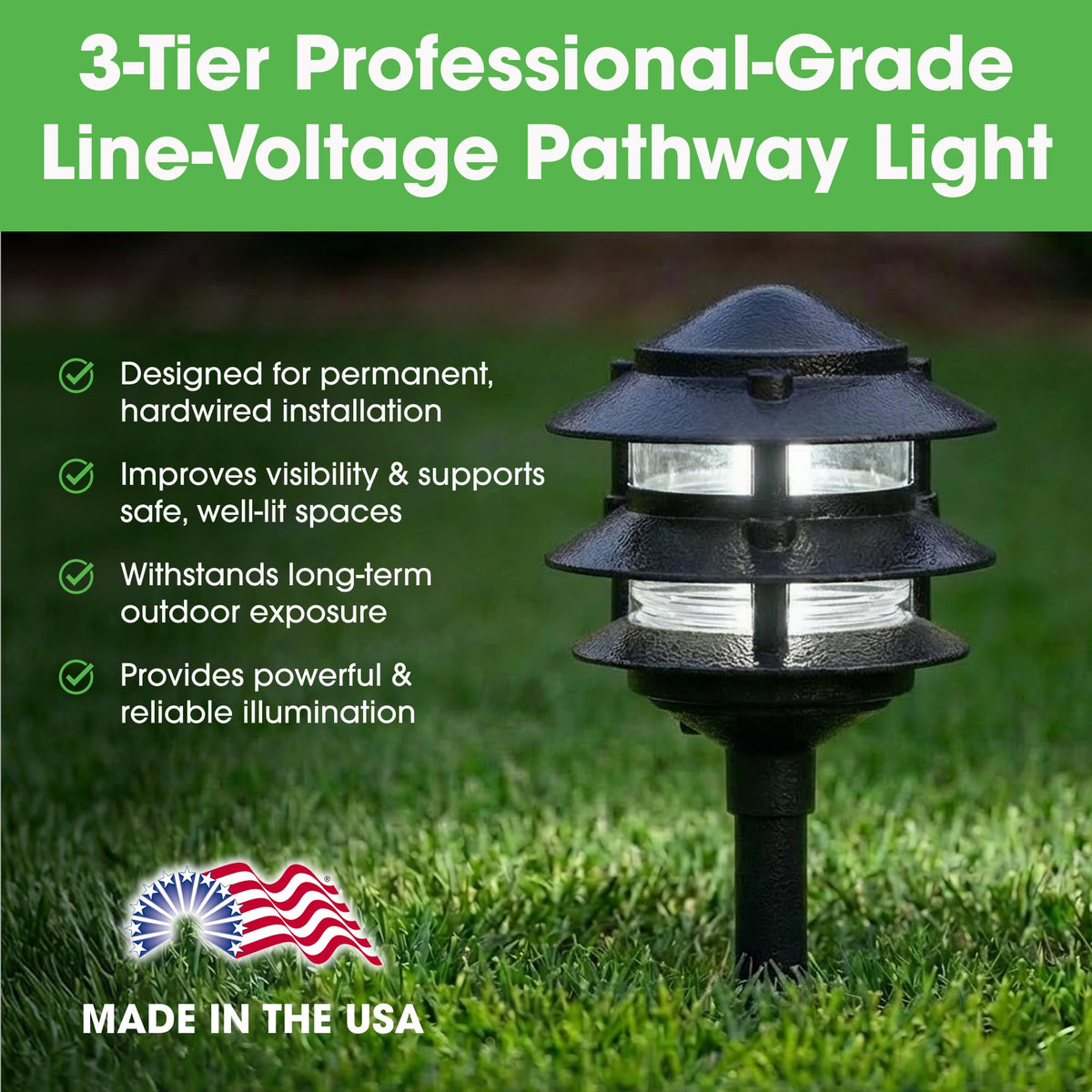 Weatherproof Line-Voltage (120V) 3-Tier LED Outdoor Pathway Light - Permanent Outside Light for Walkway, Driveway &