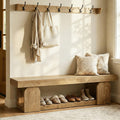 63-Inch Long Entryway Bench, Farmhouse Entry Shoe Bench with Storage Shelf, Wooden Indoor End of Bed Bench Seat