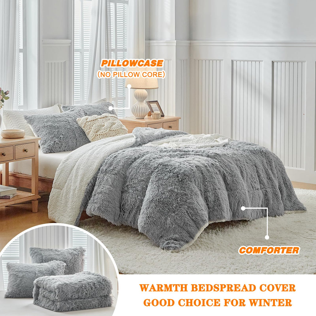 Gray Faux Fur Comforter Set 3 Pieces - 1 Shaggy Comforter 104x90 and 2 Pillowcases, Ultra Soft and Easy Care