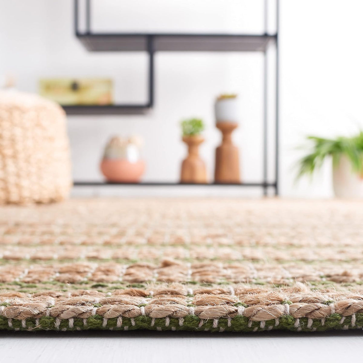 Natural Fiber Area Rug, Green & Natural, Handmade Boho Farmhouse Rustic Jute & Cotton Jute