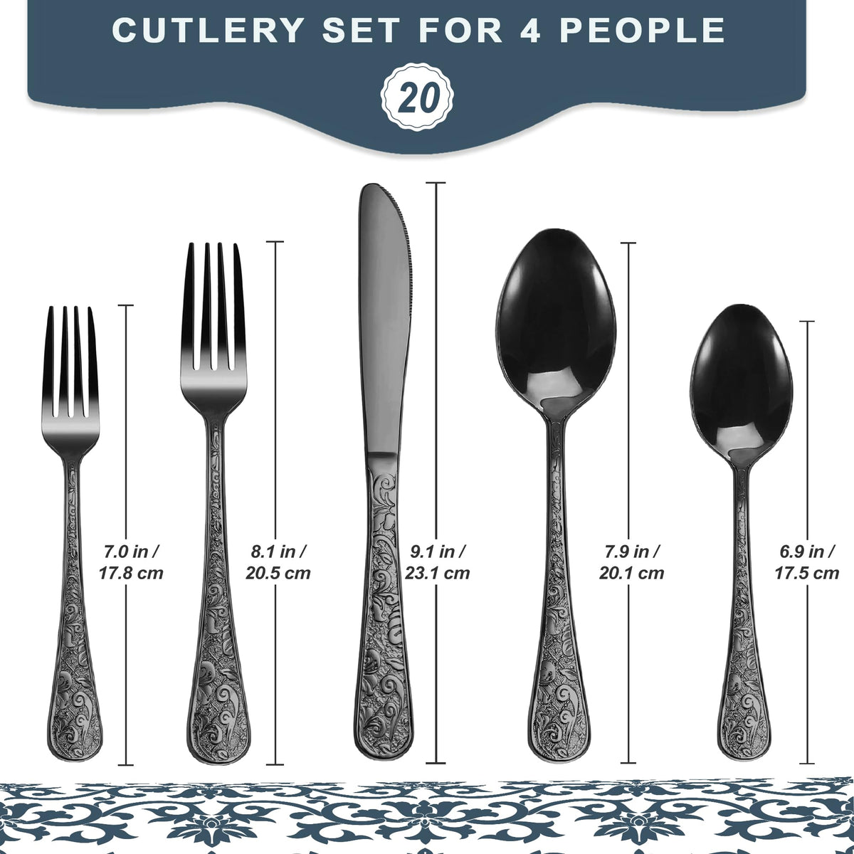 Vintage Carved Black Stainless Steel 20-Piece Flatware Set