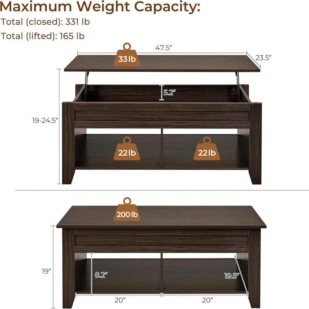 Lift Top Coffee Table with Hidden Storage Compartment & 2 Open Shelves