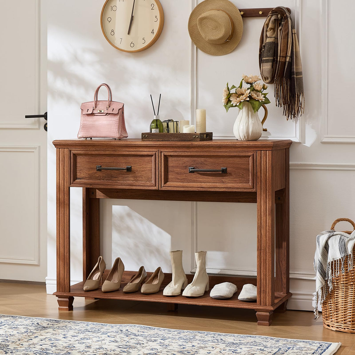 46" Farmhouse Console Table with Drawers, Brown Entryway Table