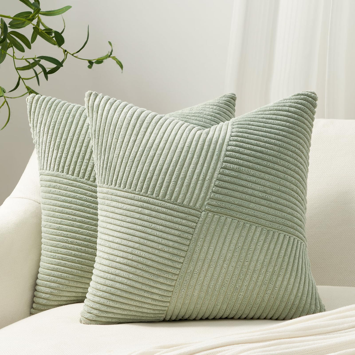 Decorative SageGreen Throw Pillow Covers 22x22 Inch, Soft Corduroy Pillow Covers Textured Striped Patchwork Cushion
