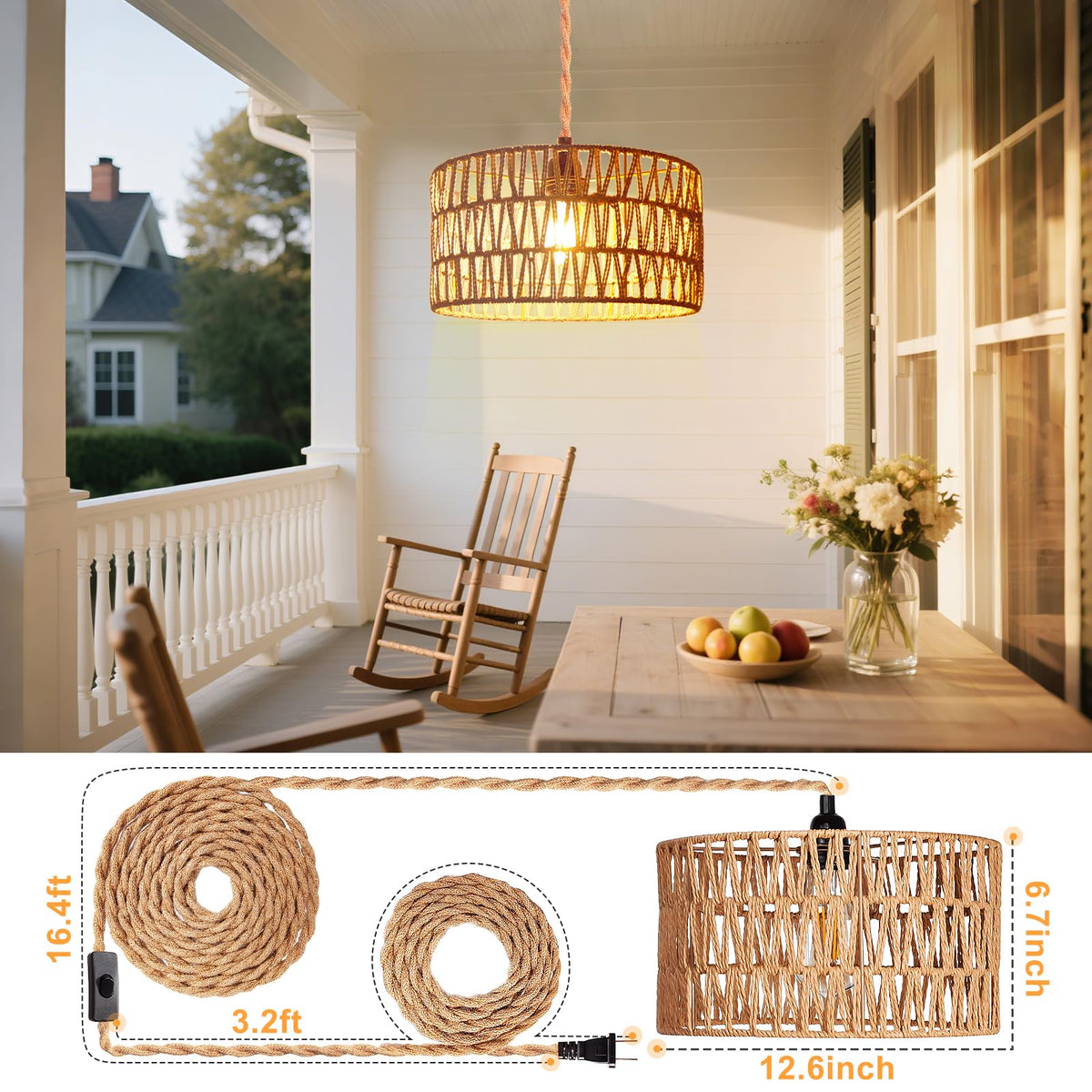 Hanging Light Ceiling Lamp Pendant Lights Rattan Hanging Lamp with Plug in Cord Bedroom Kitchen Indoor Hanging Lamp