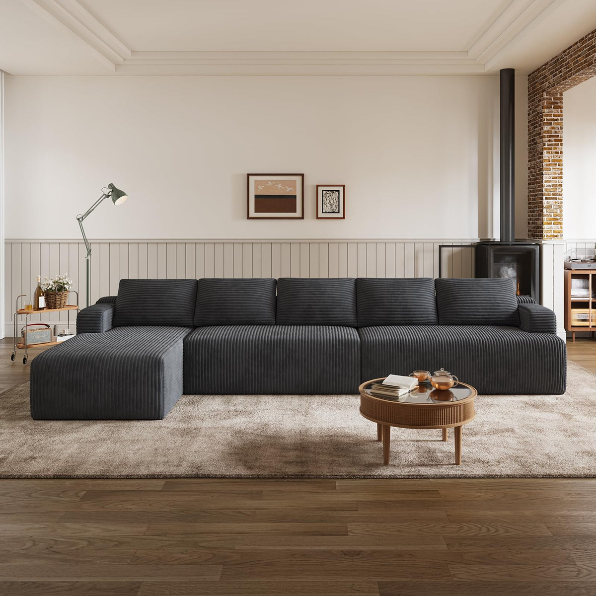 144'' L-Shape Boneless Couches, Corduroy Dark Grey