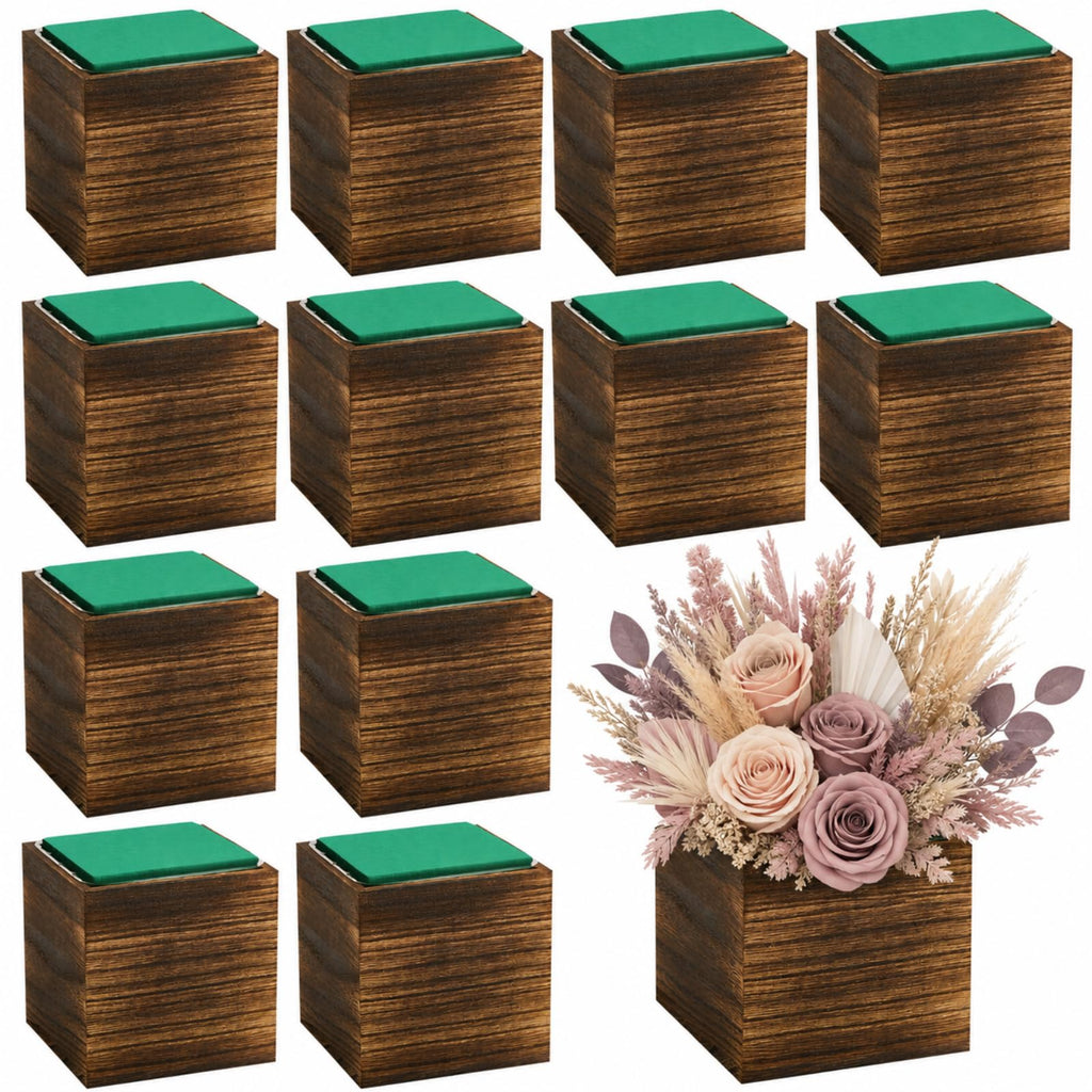 12 Set Wood Cube Planter Box Square Wood Vase Rustic Cube Planter Box with Removable Plastic Liner Floral Foam Blocks