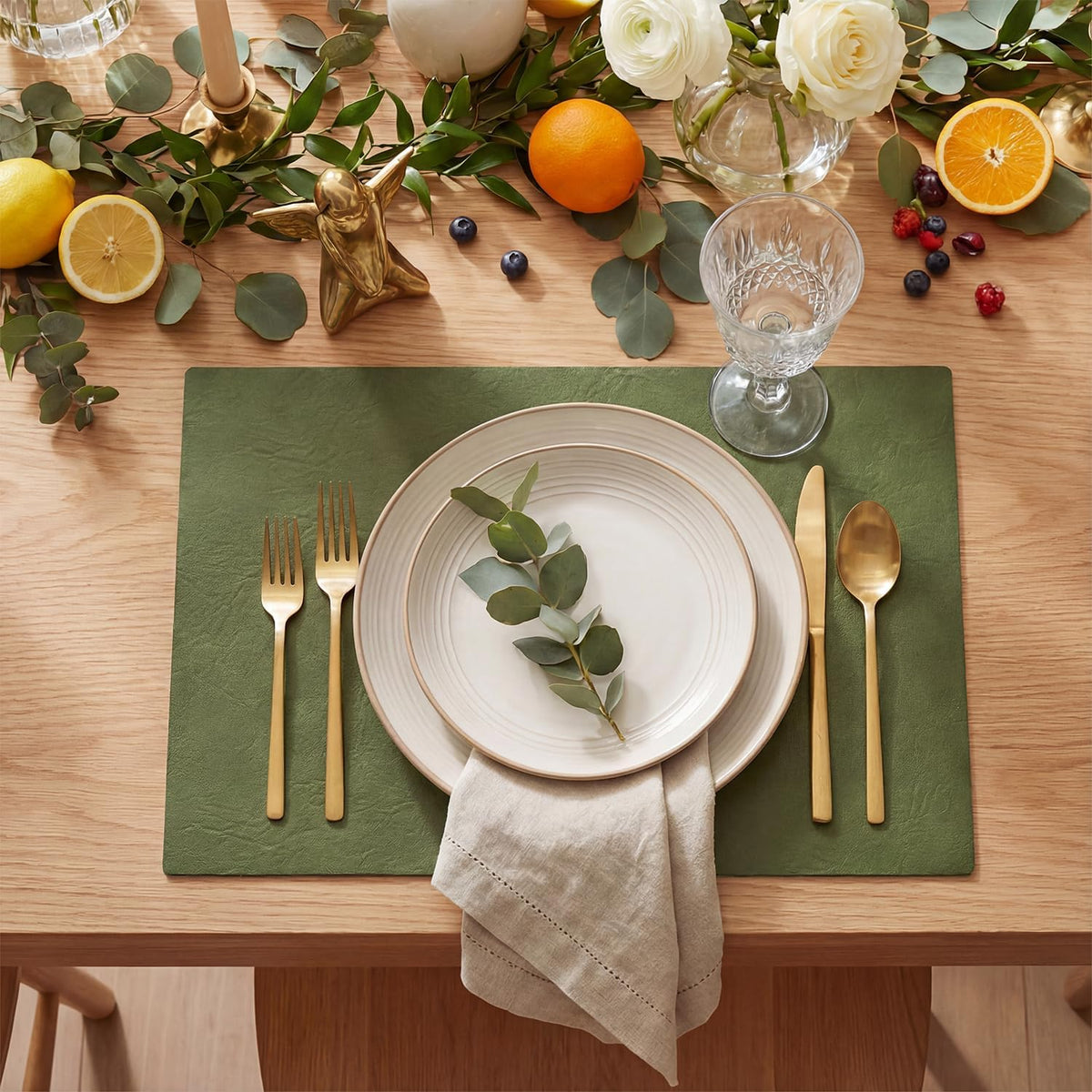 Olive Green Faux Leather Placemats Set of 6, 12x18 Inch Waterproof Wipeable Heat Resistant Vinyl Place Mats