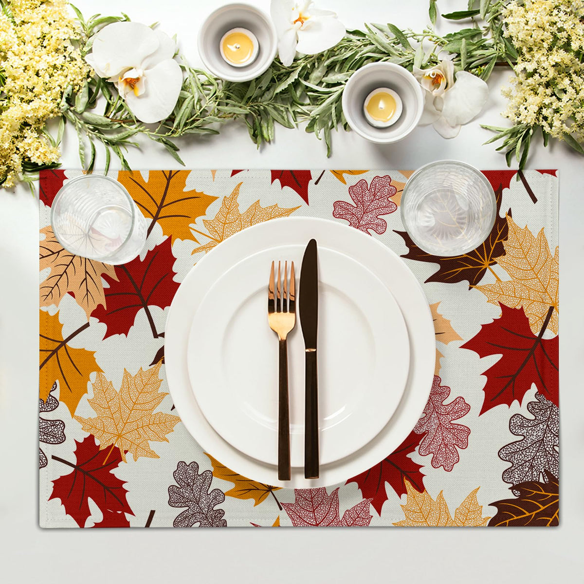 Maple Leaf Placemats Set of 4 Dining, Colorful Fall Autumn Thanksgiving Leaves Non-Slip Washable Linen Place Table