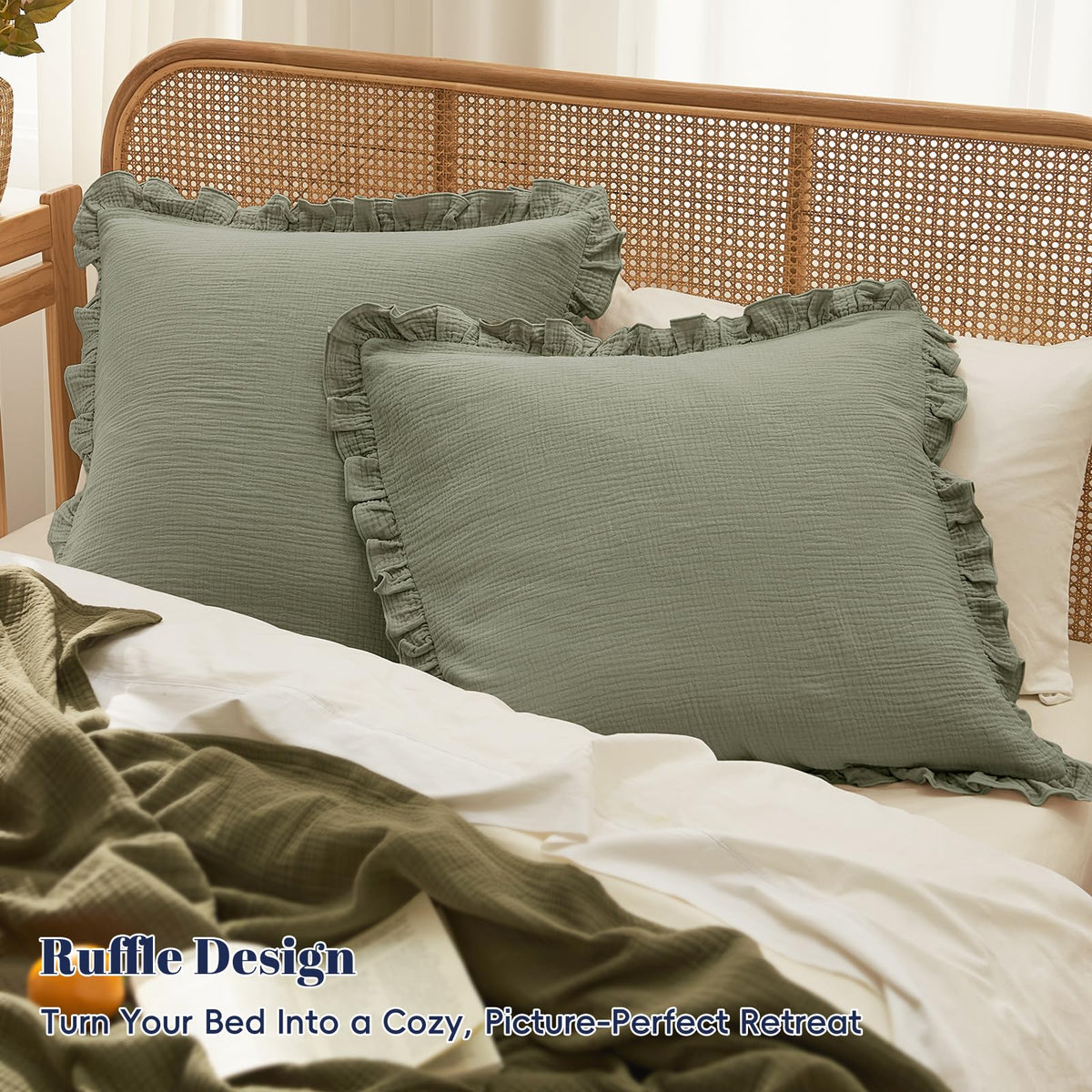 Cotton Muslin Ruffle Euro Sham Covers 26"x26", Dusty Sage, No Insert