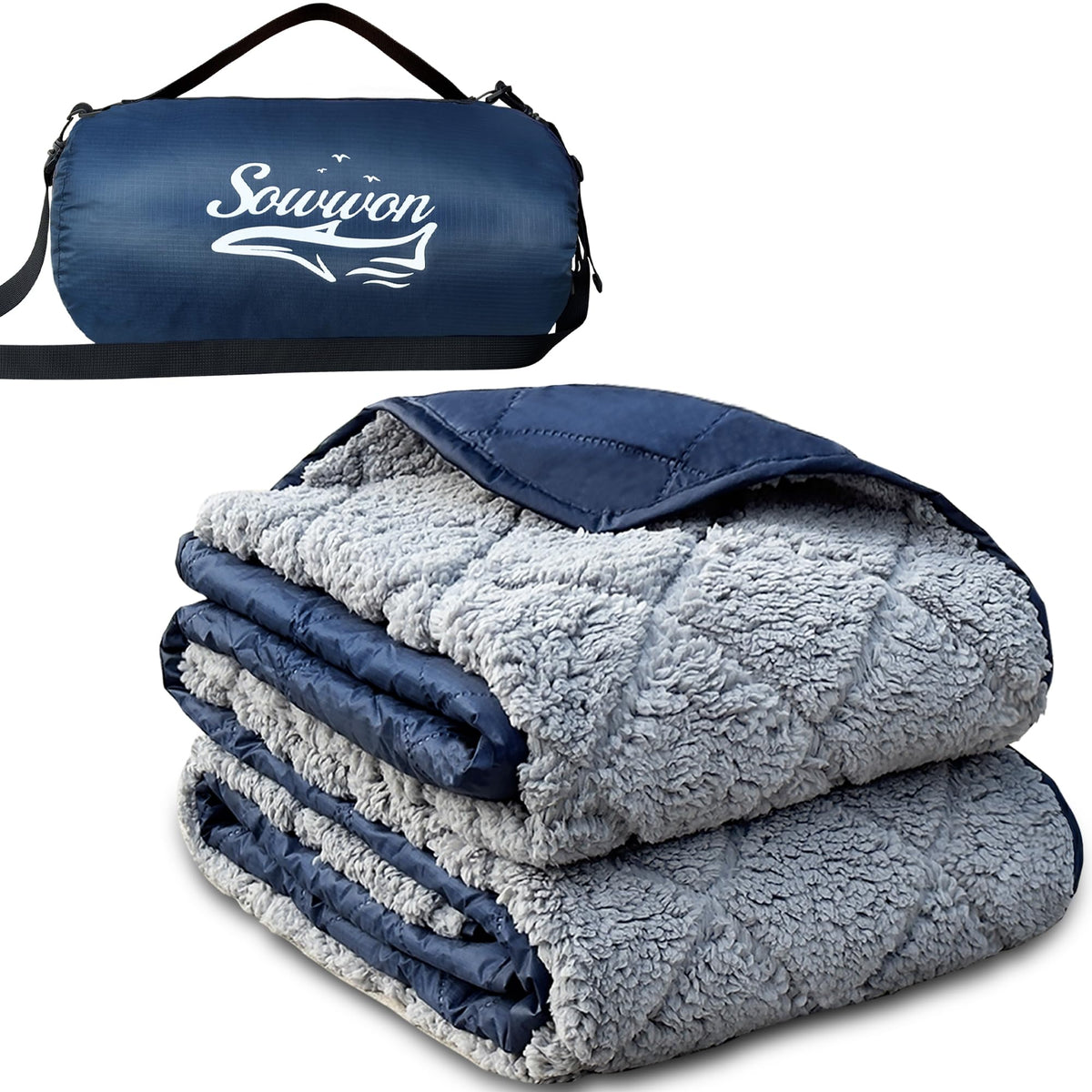 Waterproof Outdoor Blanket 82"x55" Large Sherpa Fleece Navy