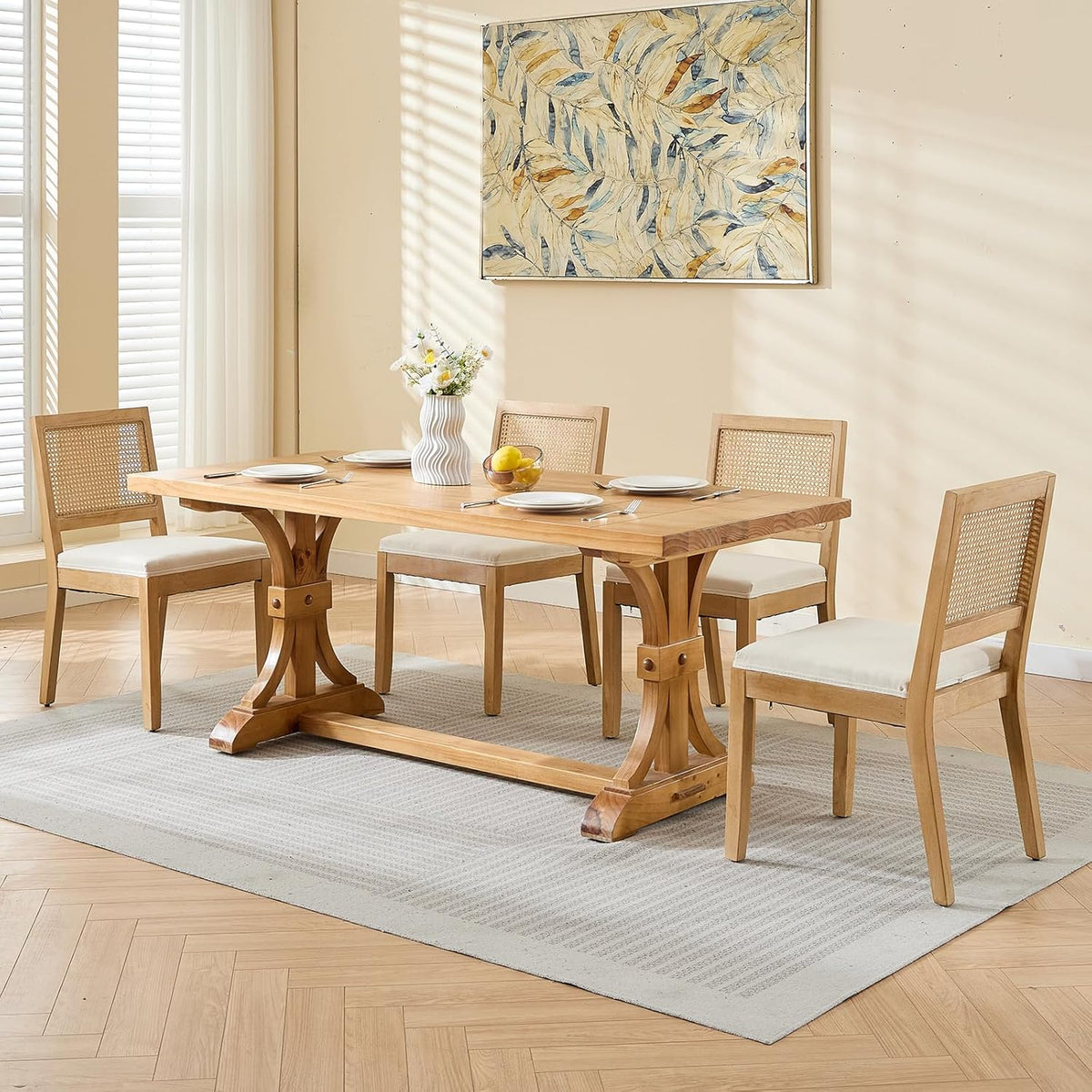 Vintage French Country Dining Chairs Set of 6, Rattan Dining Chairs with Low Square Back and Upholstered Seat for Kitchen or Dining Room, Beige