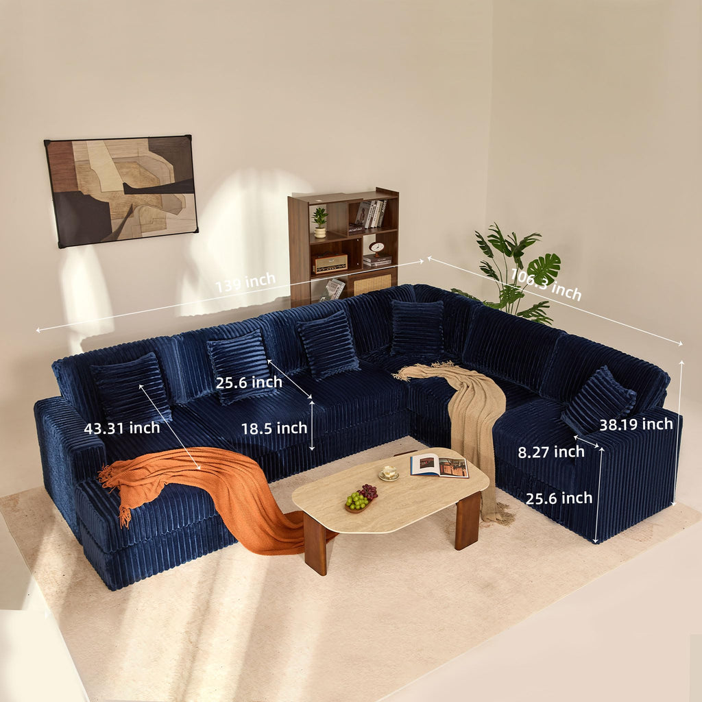 139" U-Shaped Cloud Couch, Modular Sectional, Deep Seats, Navy