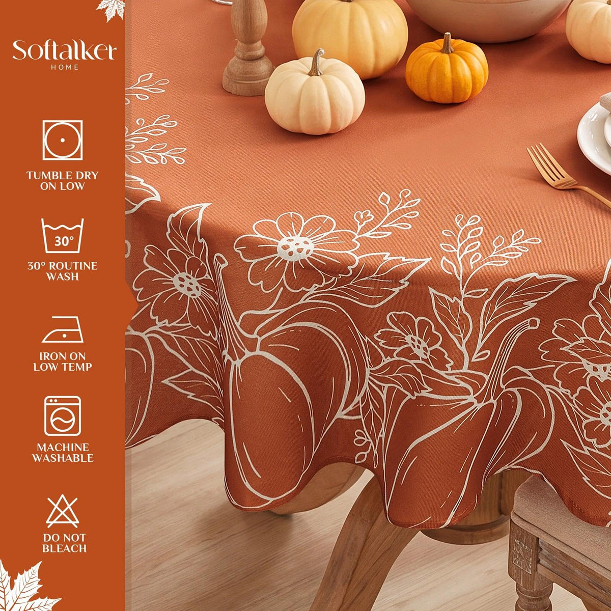 Faux Linen Round Fall Tablecloth 70 Inch, Autumn Table Cloth with Pumpkin & Maple Leaves, Orange Circle Table Cover