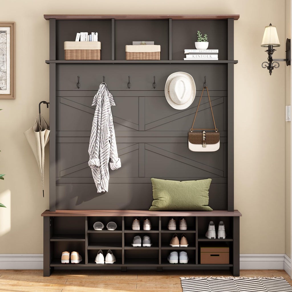 Farmhouse Wood Versatile Hall Tree with 6 Hooks, Black