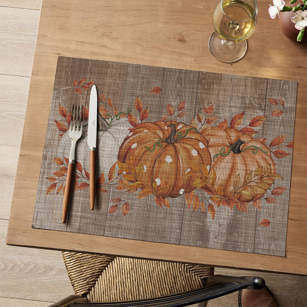 Wood Pumpkin Leaves Fall Vinyl Placemats Set of 6, Wipeable Woven PVC Table Mats for Thanksgiving Farmhouse Party