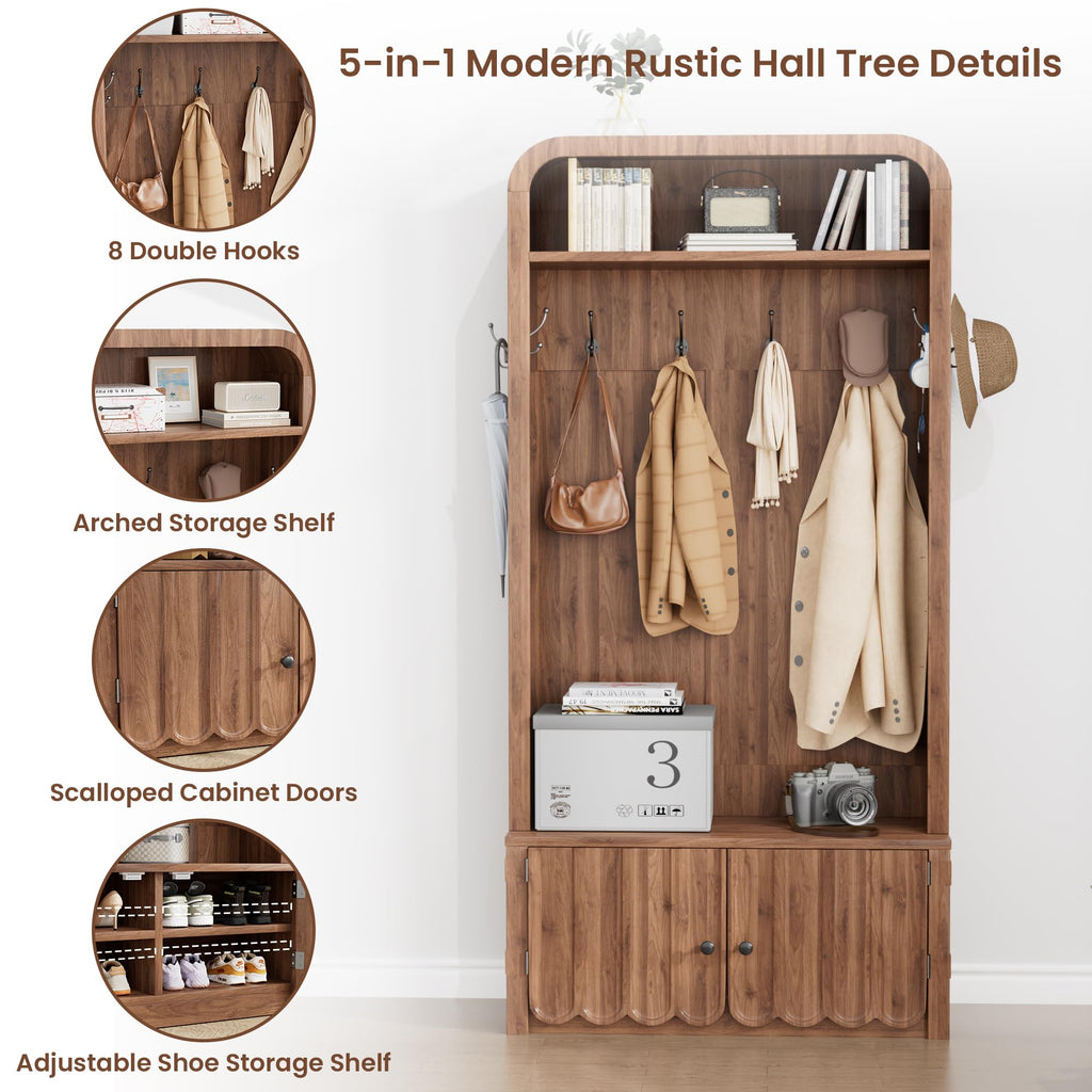 Narrow Hall Tree with Bench and Shoe Storage, Arched Mudroom Bench with Storage and Hooks, Modern Rustic Entryway